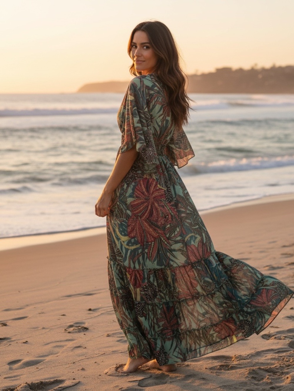 Maxi Floral Wrap Dress in Green and Rust